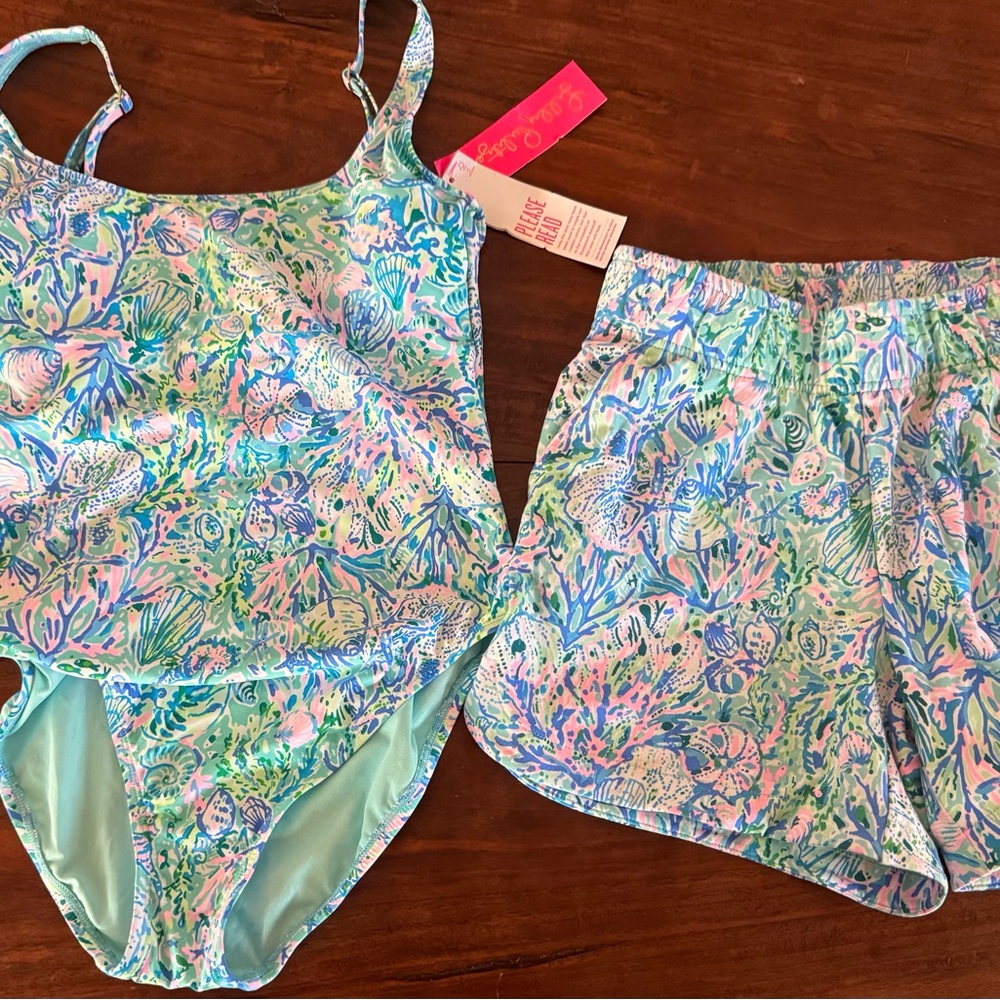 Lilly Pulitzer women’s Aqua Multi Sea Life One-Piece with Matching Shorts